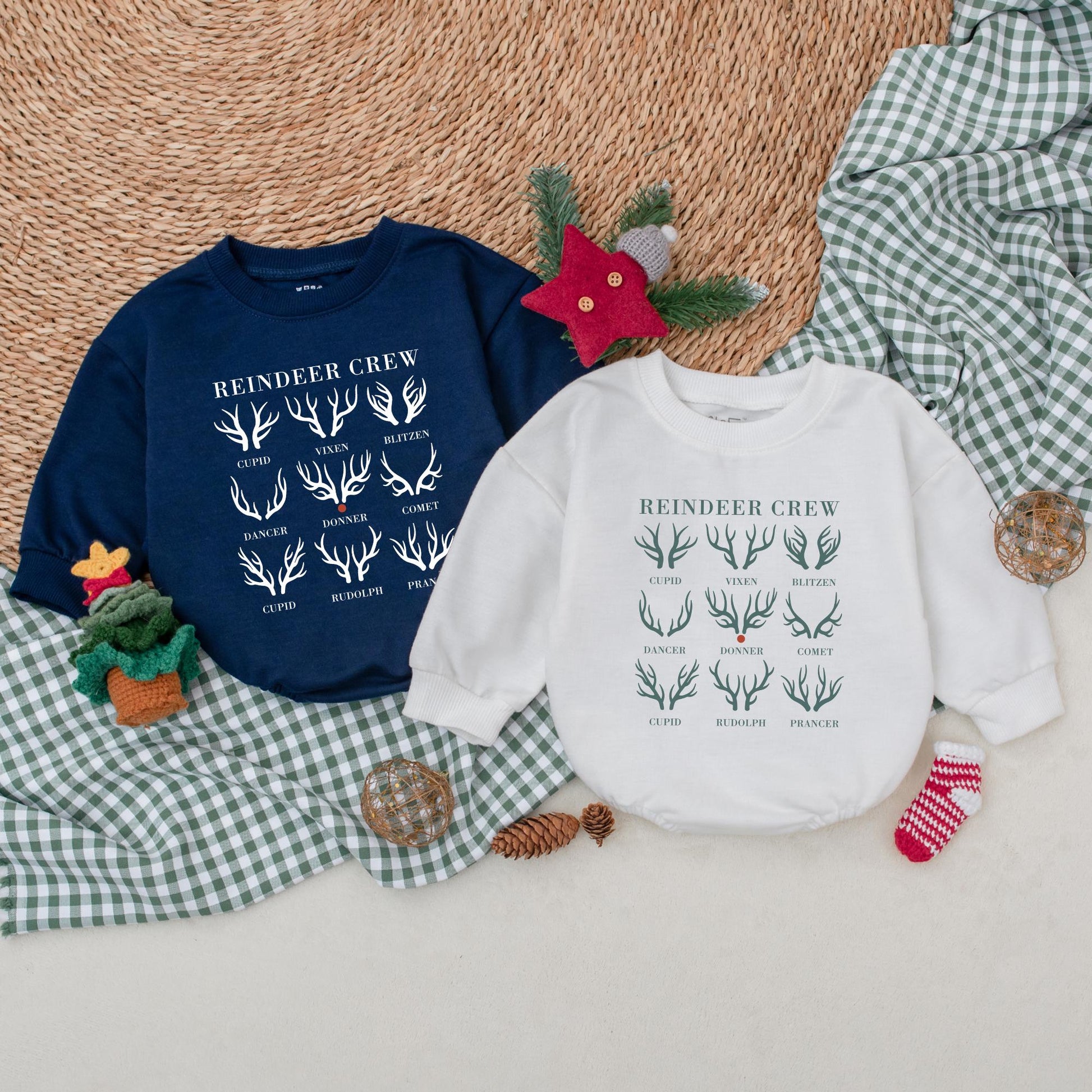 Reindeer Crew Romper: Vintage Christmas Baby Bodysuit, Blitzen & Cupid Holiday Outfit, Cute First Christmas Winter Clothes, Soft Cotton Gift 137