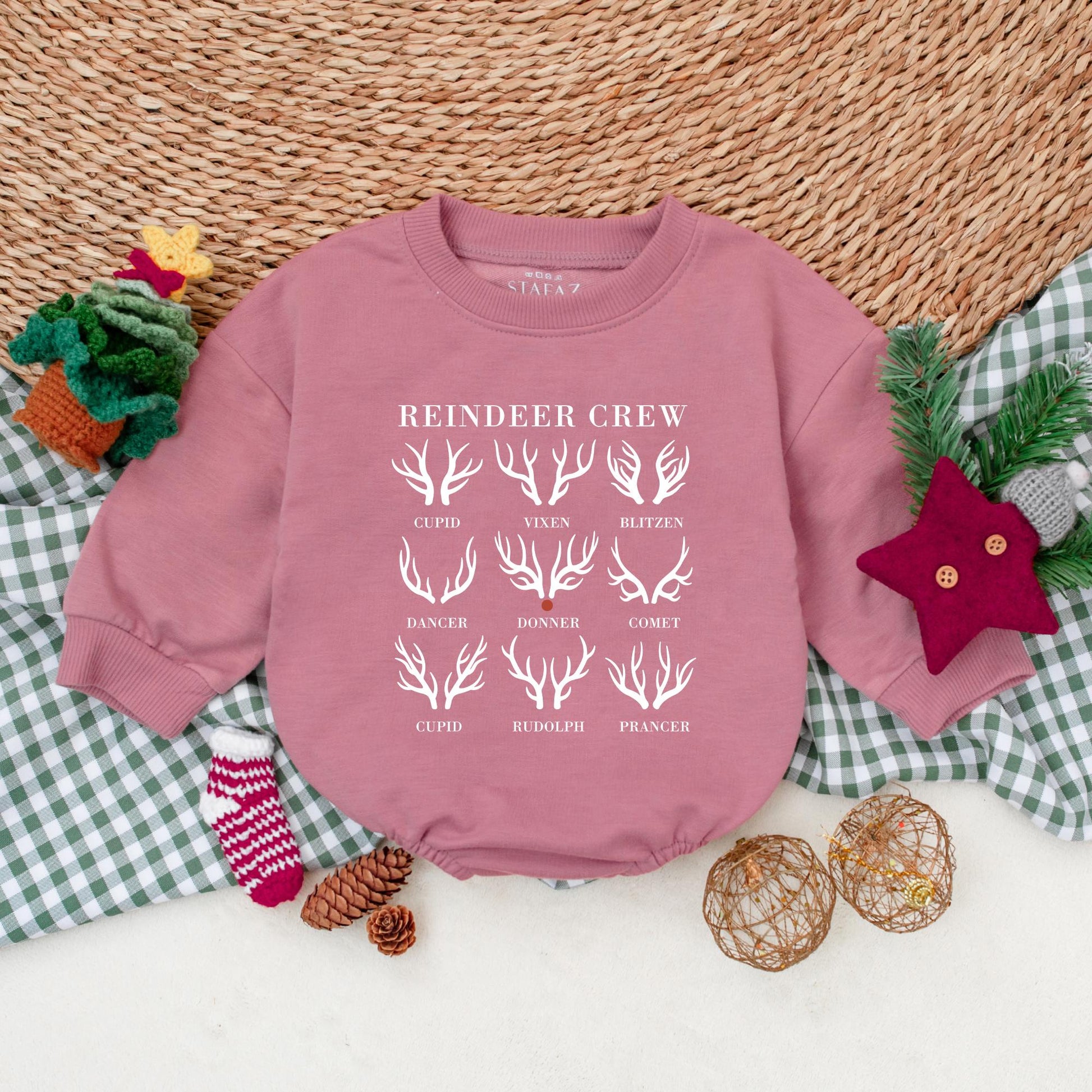 Reindeer Crew Romper: Vintage Christmas Baby Bodysuit, Blitzen & Cupid Holiday Outfit, Cute First Christmas Winter Clothes, Soft Cotton Gift 137