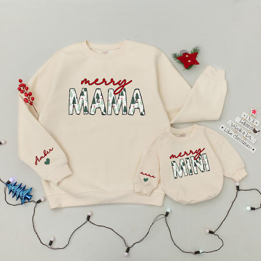 Merry Mama & Mini Matching Christmas Sweatshirts, Cute Family Holiday Outfits, Red Script Name, Green Tree Pattern, Baby Girl Romper Gift, Trendy Xmas (138)