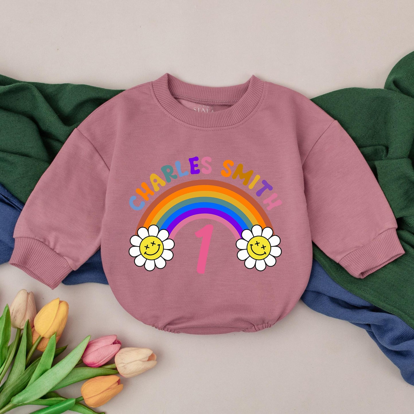 Personalized First Birthday Baby Girl Romper with Rainbow Daisy Design Name Retro Colorful Playful Infant Bodysuit Comfortable Shower Gift