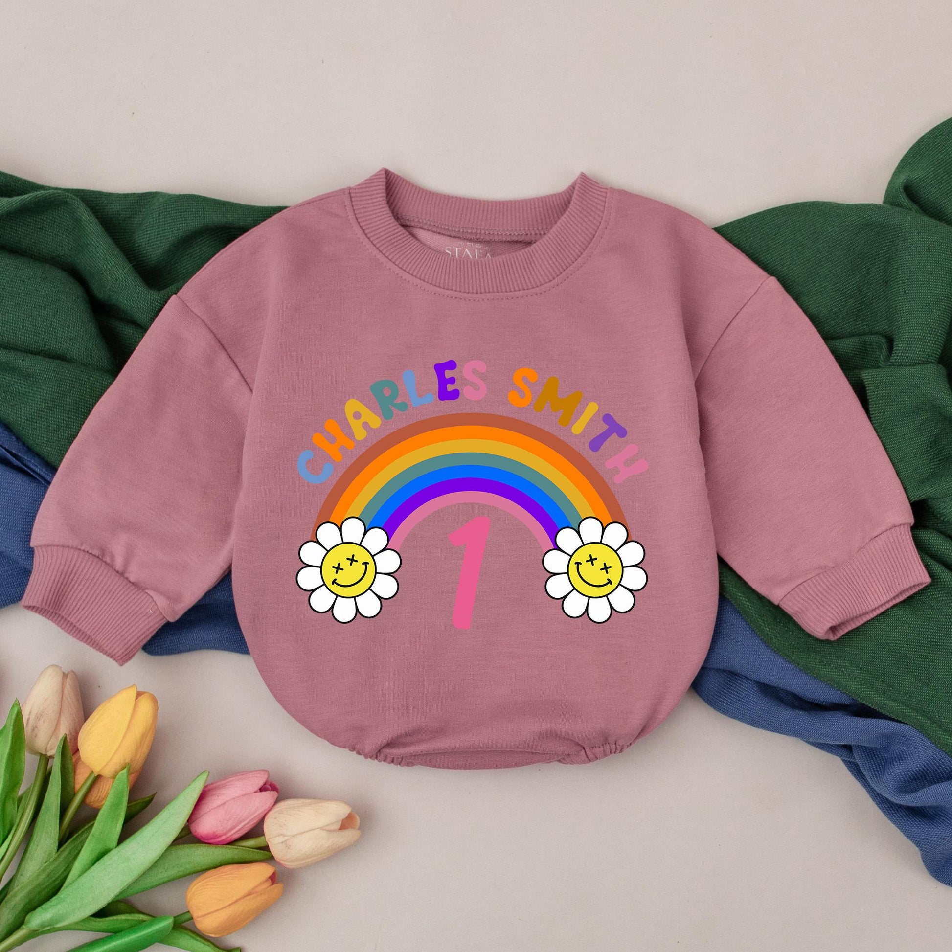 Personalized First Birthday Baby Girl Romper with Rainbow Daisy Design Name Retro Colorful Playful Infant Bodysuit Comfortable Shower Gift