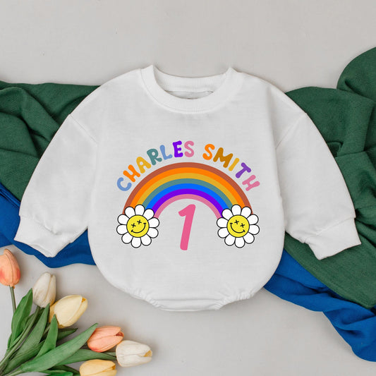 Personalized First Birthday Baby Girl Romper with Rainbow Daisy Design Name Retro Colorful Playful Infant Bodysuit Comfortable Shower Gift