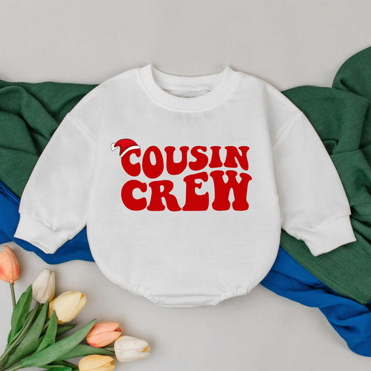 Retro Cousin Crew Christmas Romper Red Design with Santa Hat, Adorable Baby Holiday Bubble Outfit Newborn Shower Gift