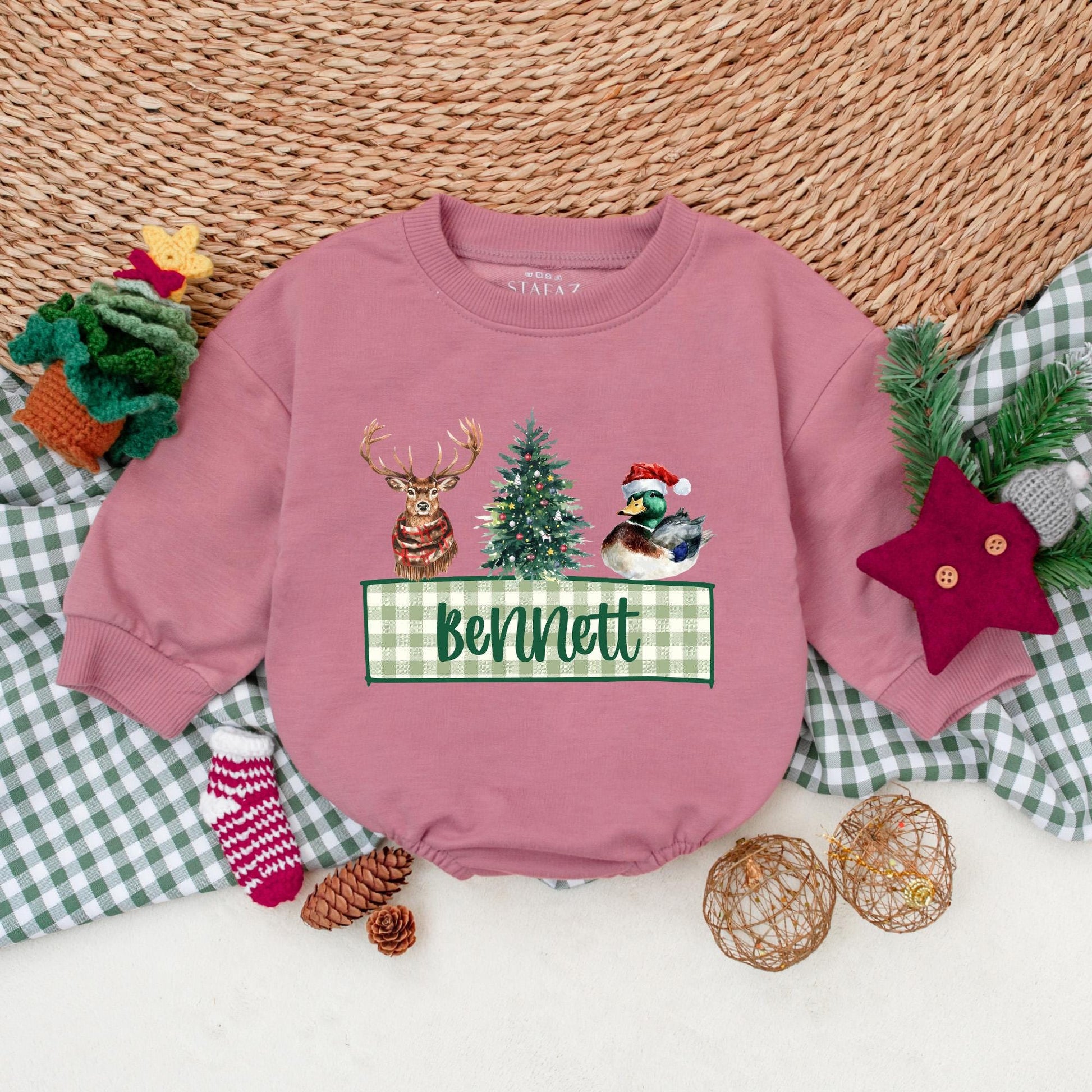 Personalized Christmas Mallard Duck Baby Boy Romper Rustic Winter Outfit with Deer Christmas Tree Festive Holiday Bodysuit Green Gingham
