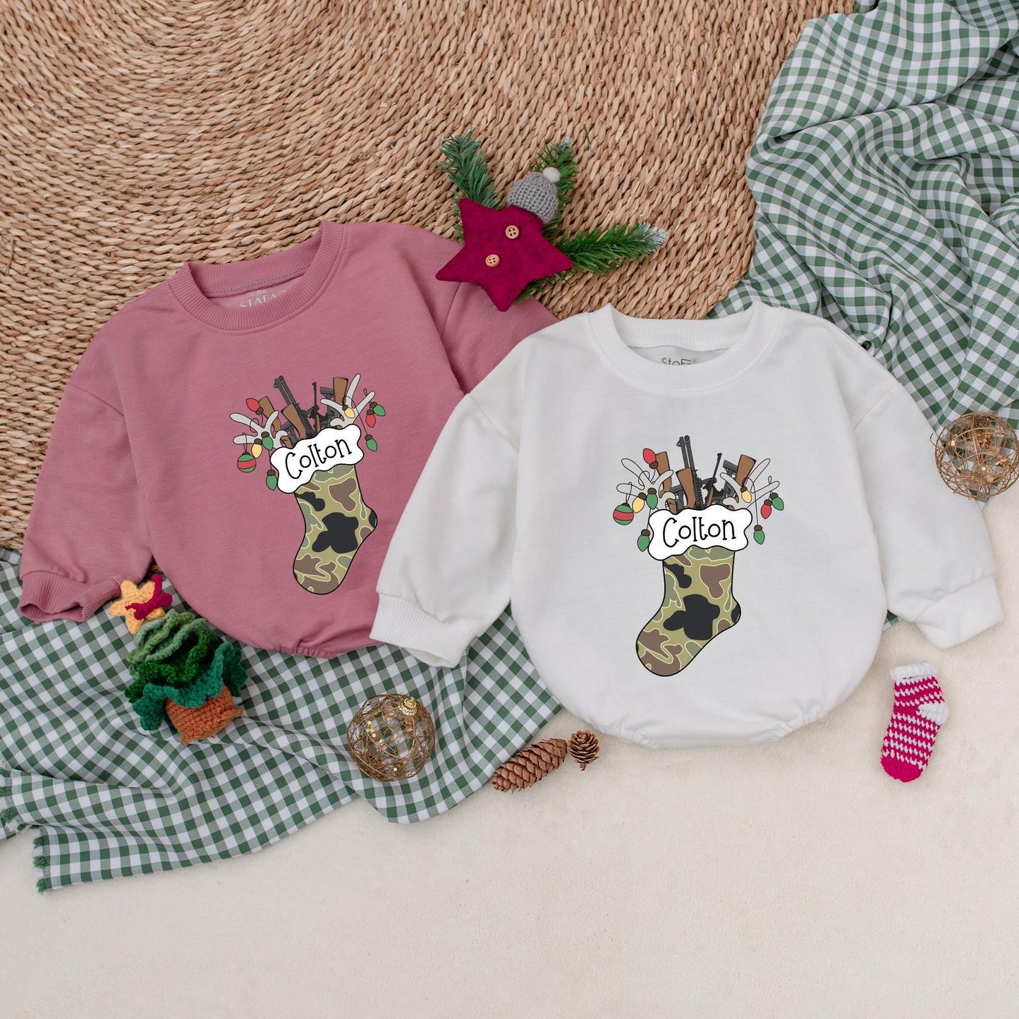 Personalized Camo Christmas Stocking Baby Boy Romper Hunting Rifles Bodysuit Winter Holiday Outfit First Christmas Lights Gift