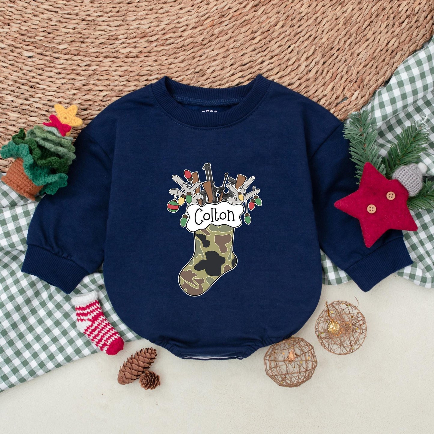 Personalized Camo Christmas Stocking Baby Boy Romper Hunting Rifles Bodysuit Winter Holiday Outfit First Christmas Lights Gift