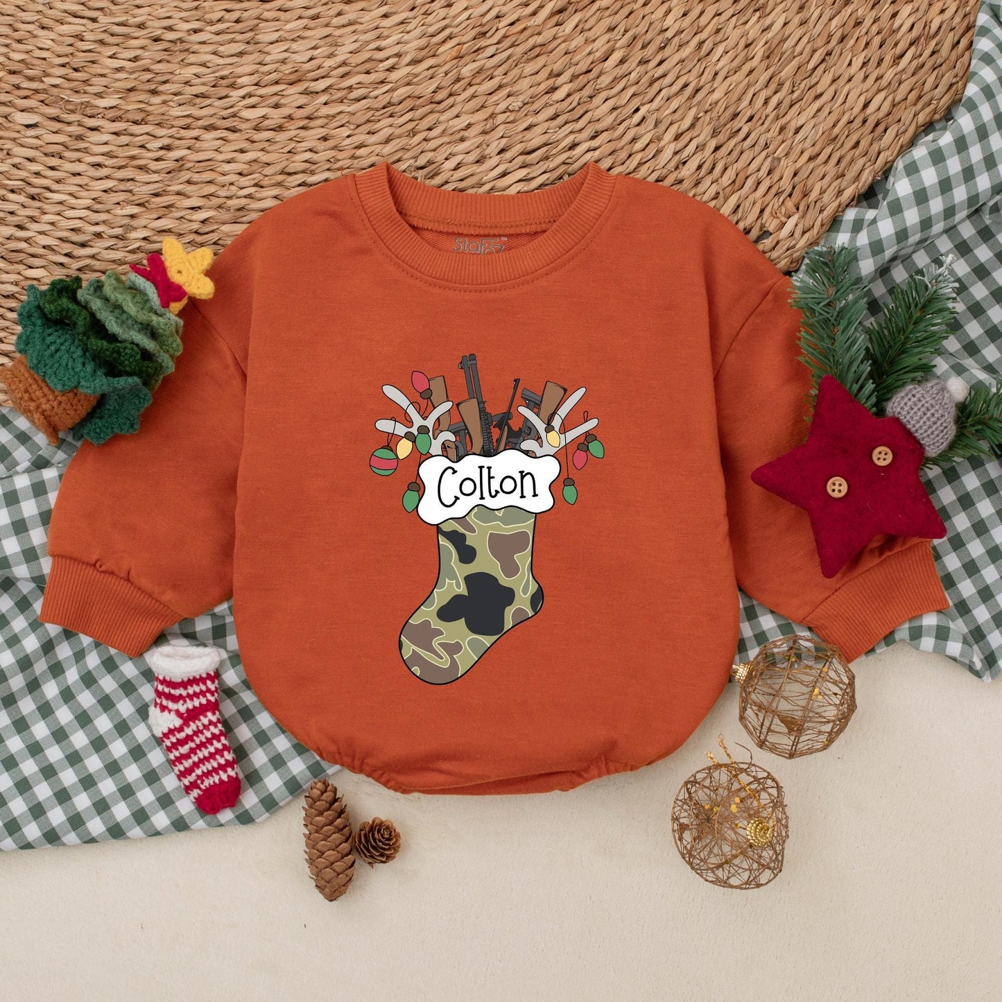 Personalized Camo Christmas Stocking Baby Boy Romper Hunting Rifles Bodysuit Winter Holiday Outfit First Christmas Lights Gift