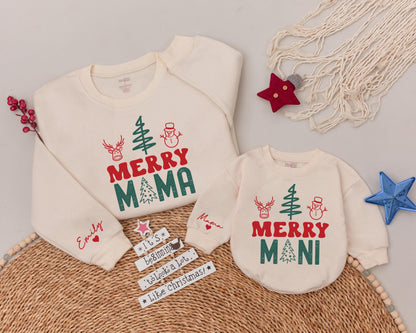 Matching Christmas Family Shirts: Merry Mama & Mini Personalized Tees