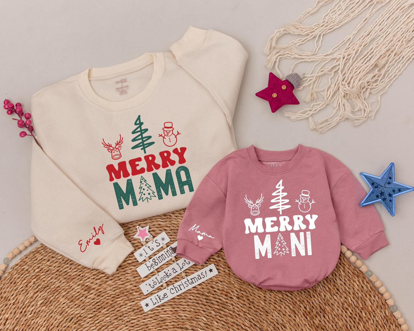 Matching Christmas Family Shirts: Merry Mama & Mini Personalized Tees