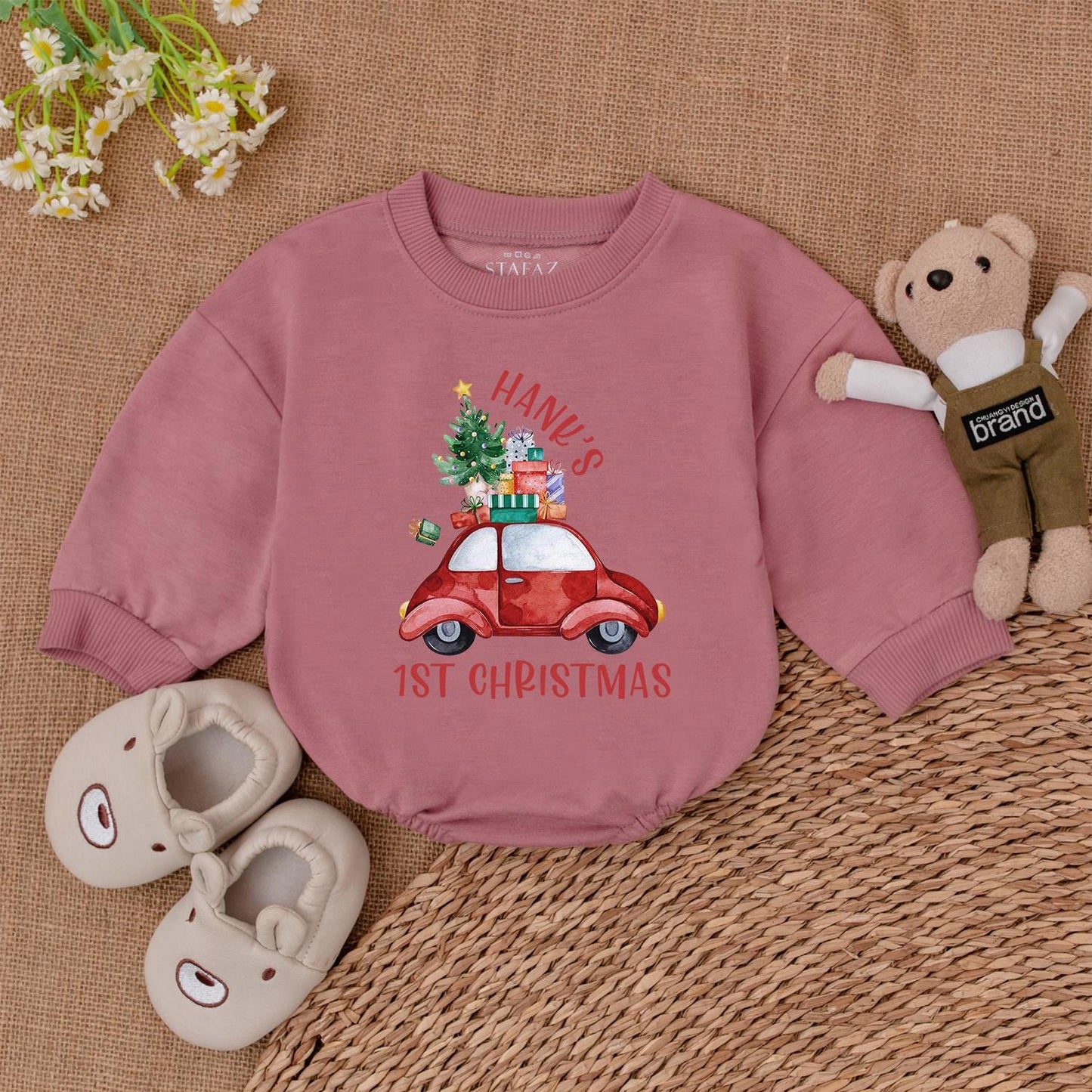 First Christmas Baby Romper – Personalized Tractor Holiday Outfit