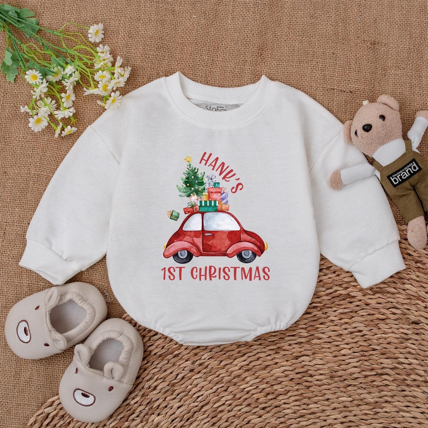 First Christmas Baby Romper – Personalized Tractor Holiday Outfit