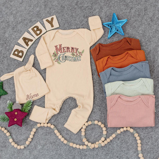 Vintage Merry Christmas Baby Bodysuit and Hat Set, Retro Holiday Newborn Jumpsuit Outfit, First Christmas Gifts, Cute Xmas Announcement Outfit 138
