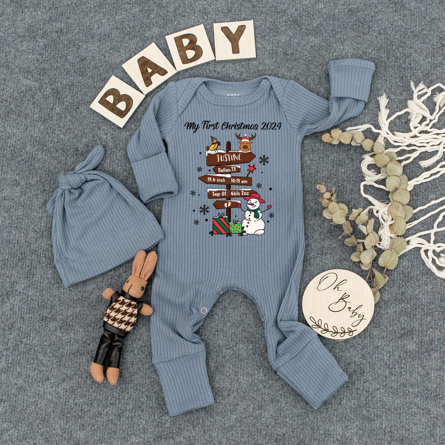 My First Christmas 2024 Bodysuit & Hat Set Personalized Newborn Outfit Custom Baby Girl Coming Home Outfit Holiday Jumpsuit Baby Shower Gift Set 19.6 inch