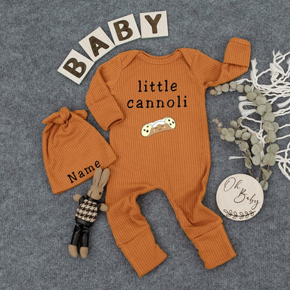 Little Cannoli Baby Bodysuit and Hat Set Cute Pastry Cartoon Outfit Unisex Newborn Gift Going Home Outfit Baby Keepsake