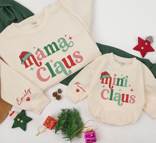 Personalized Mom Baby Matching Mama Mini Claus Christmas Sweatshirts Retro Red Green Star Holiday Apparel with Custom Sleeve Names
