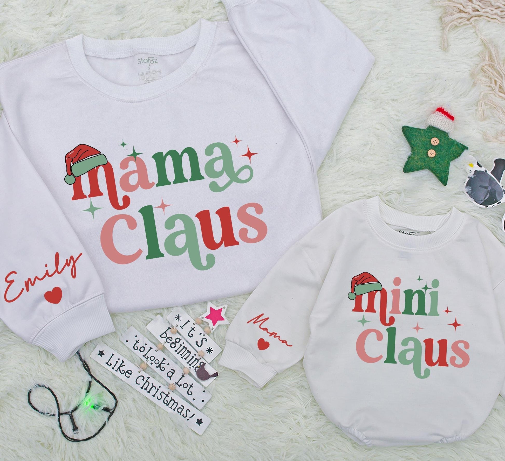 Personalized Mom Baby Matching Mama Mini Claus Christmas Sweatshirts Retro Red Green Star Holiday Apparel with Custom Sleeve Names