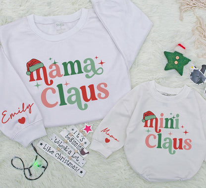 Personalized Mom Baby Matching Mama Mini Claus Christmas Sweatshirts Retro Red Green Star Holiday Apparel with Custom Sleeve Names