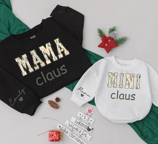 Personalized Retro Mama and Mini Claus Matching Sweatshirt Set Vintage Green Christmas Graphics Daughter Baby Girl Romper Outfit