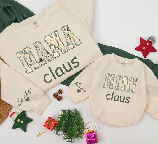 Personalized Retro Mama and Mini Claus Matching Sweatshirt Set Vintage Green Christmas Graphics Daughter Baby Girl Romper Outfit