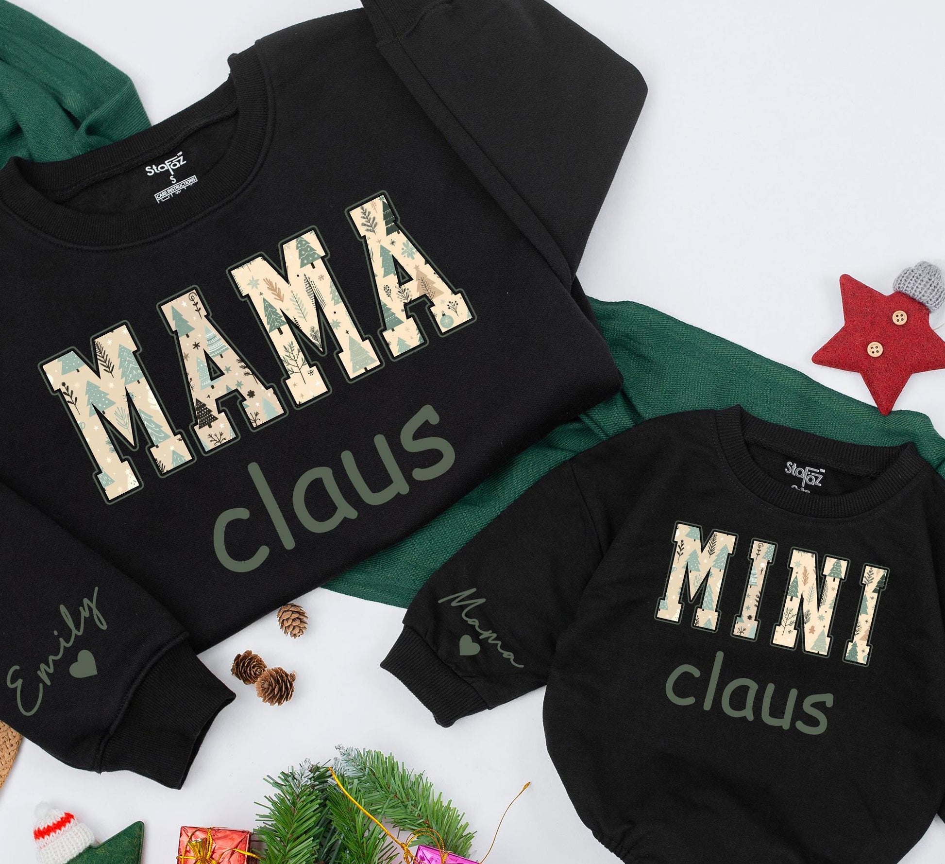 Personalized Retro Mama and Mini Claus Matching Sweatshirt Set Vintage Green Christmas Graphics Daughter Baby Girl Romper Outfit