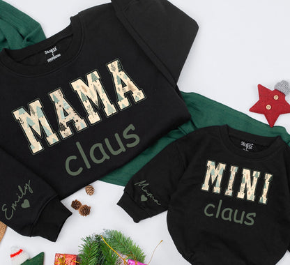 Personalized Retro Mama and Mini Claus Matching Sweatshirt Set Vintage Green Christmas Graphics Daughter Baby Girl Romper Outfit