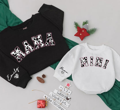 Personalized Mama Mini Cowhide Matching Sweatshirts for Mom & Baby Country Western Holiday Outfits Custom Name Gift