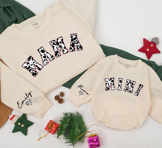 Personalized Mama Mini Cowhide Matching Sweatshirts for Mom & Baby Country Western Holiday Outfits Custom Name Gift