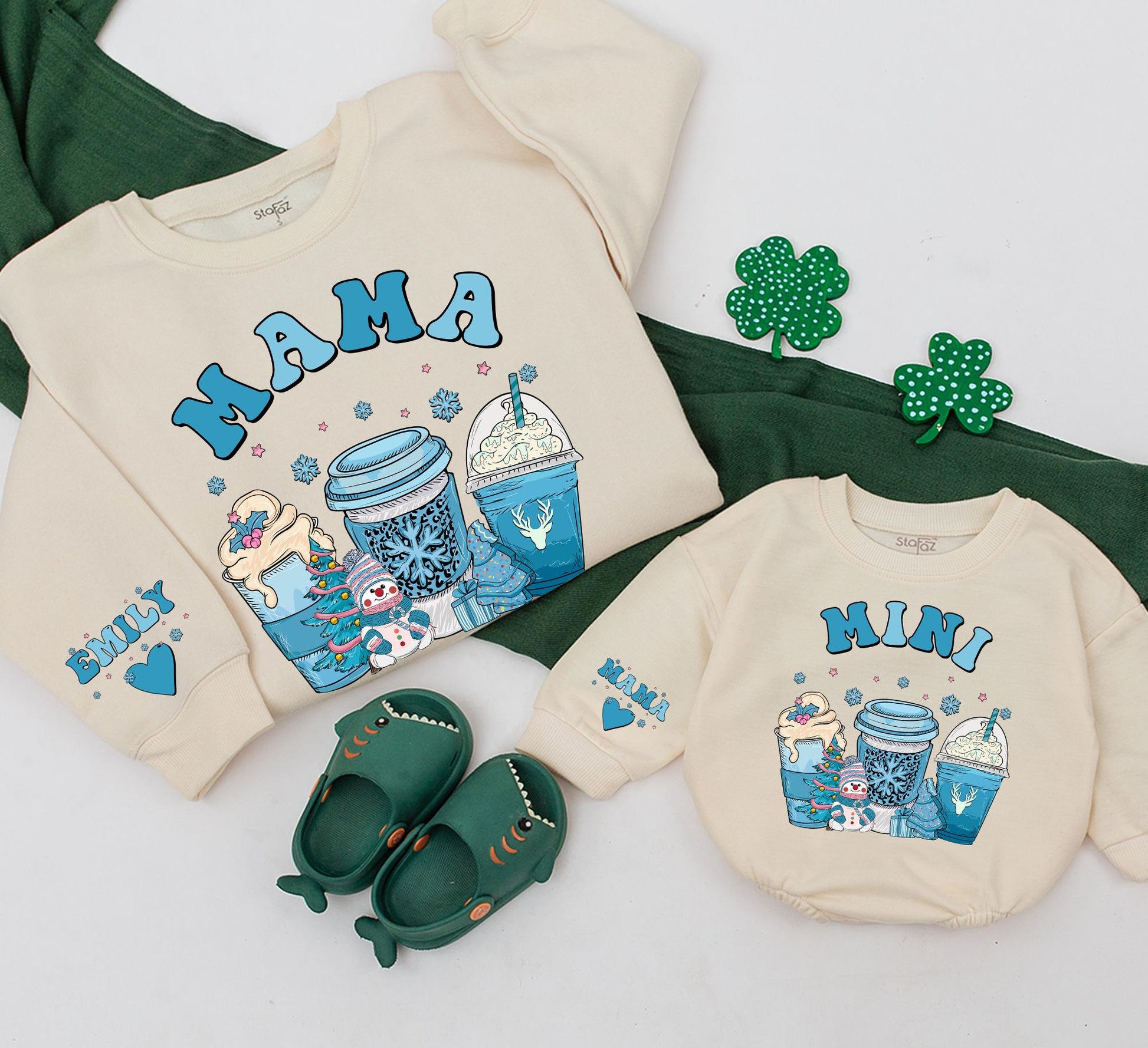 Matching Mama Mini Christmas Sweatshirts, Blue Snowflake & Coffee Cup Design Family Outfits, Baby Shower Gift, Cozy Winter Mom & Me