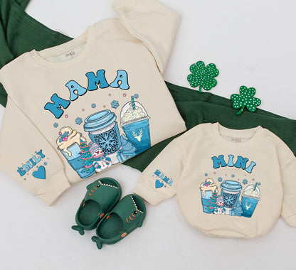 Matching Mama Mini Christmas Sweatshirts, Blue Snowflake & Coffee Cup Design Family Outfits, Baby Shower Gift, Cozy Winter Mom & Me
