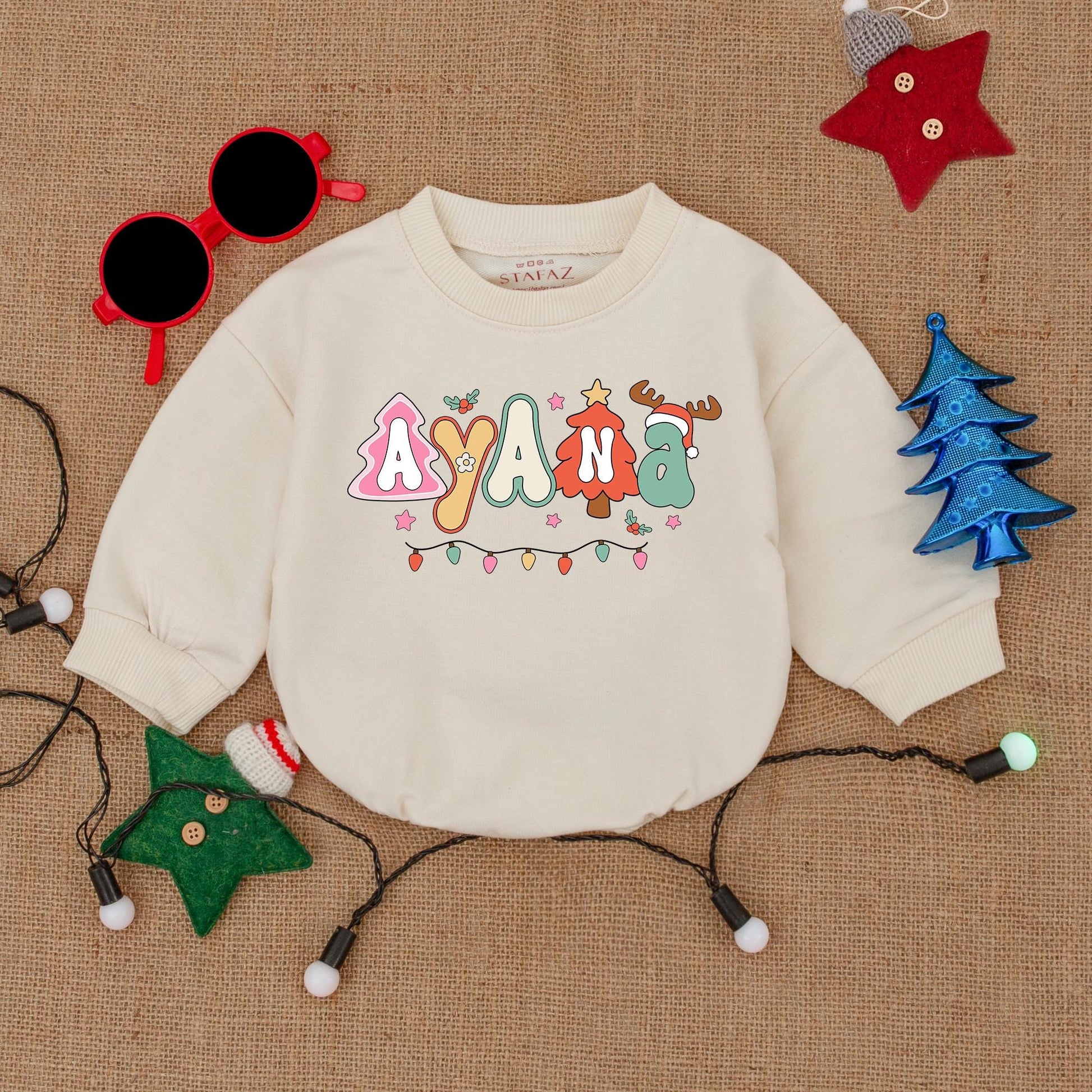Personalized Whimsical Christmas Baby Bubble Romper Playful Festive Font Custom Name Holiday Outfit Red Green Pink Yellow Lights