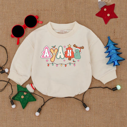 Personalized Whimsical Christmas Baby Bubble Romper Playful Festive Font Custom Name Holiday Outfit Red Green Pink Yellow Lights