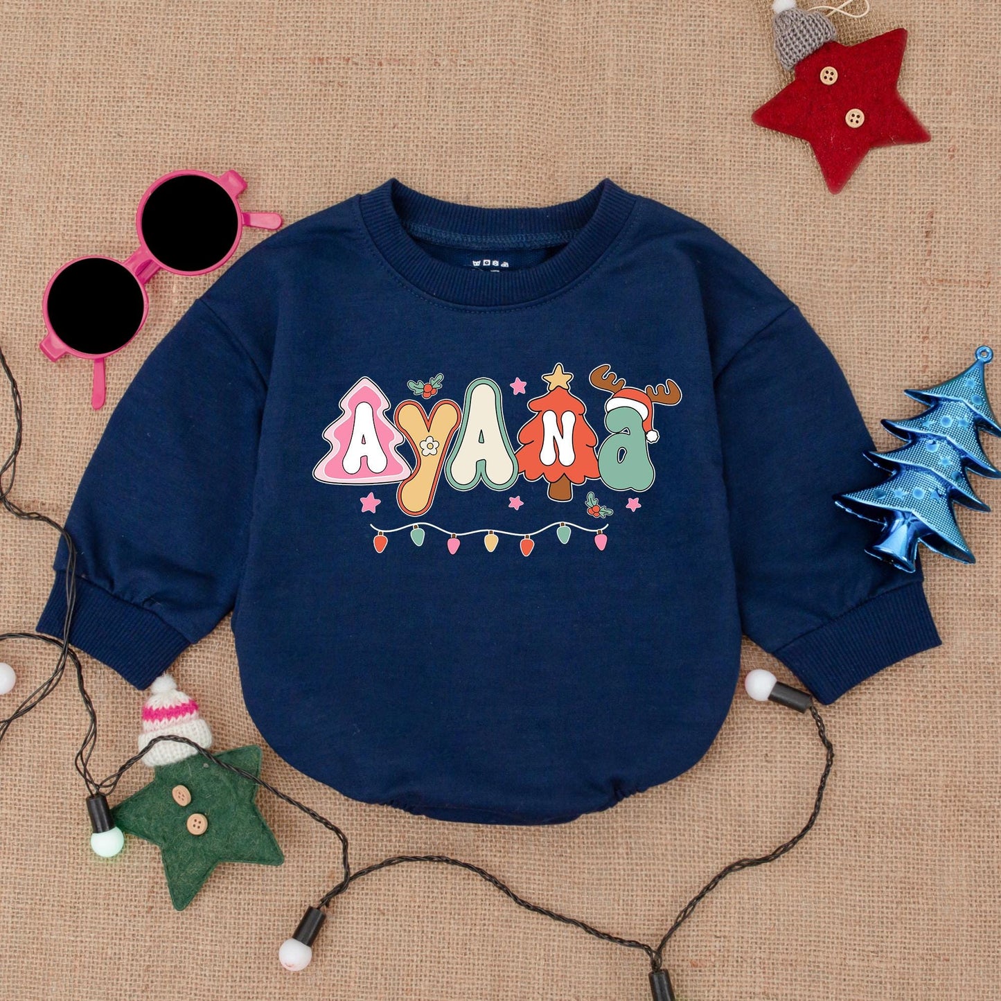 Personalized Whimsical Christmas Baby Bubble Romper Playful Festive Font Custom Name Holiday Outfit Red Green Pink Yellow Lights
