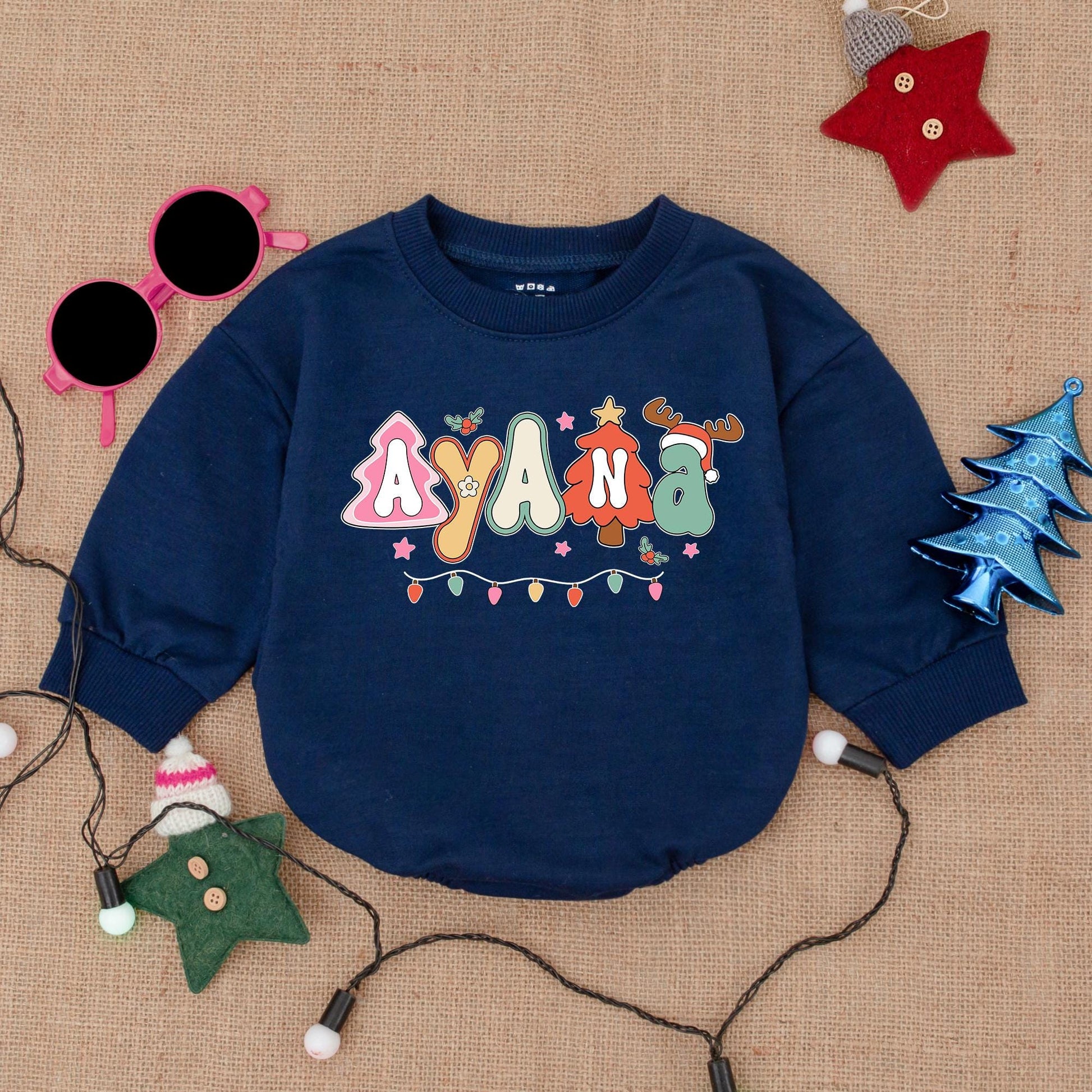 Personalized Whimsical Christmas Baby Bubble Romper Playful Festive Font Custom Name Holiday Outfit Red Green Pink Yellow Lights