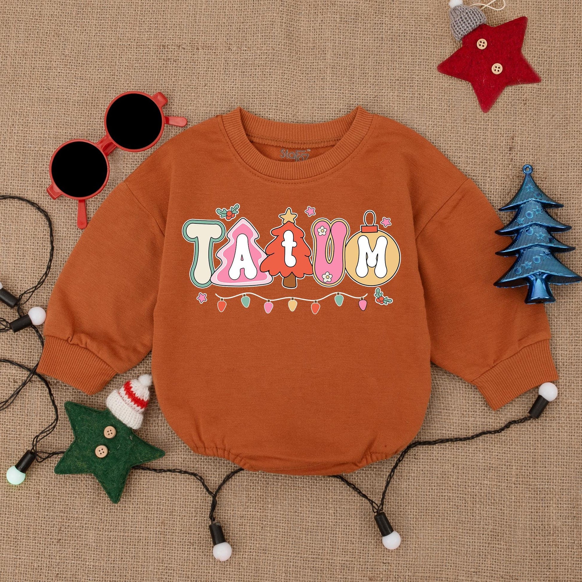 Personalized Whimsical Christmas Baby Bubble Romper Playful Festive Font Custom Name Holiday Outfit Red Green Pink Yellow Lights