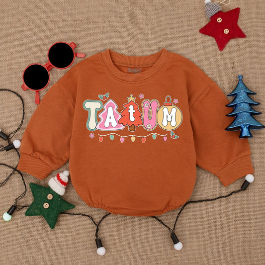 Personalized Whimsical Christmas Baby Bubble Romper Playful Festive Font Custom Name Holiday Outfit Red Green Pink Yellow Lights