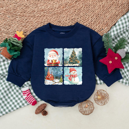 Vintage Holiday Watercolor Baby Romper, Christmas Tree Santa Snowman Outfit, My First Christmas Bodysuit, Newborn Gift, Festive Sweatshirt Romper (137 chars)
