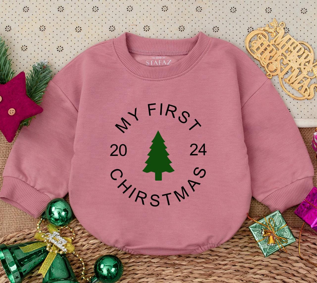 My First Christmas 2024 Baby Romper Sweatshirt Newborn Winter Holiday Outfit Green Tree Design Infant Bodysuit Simple Modern Gift