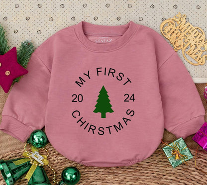 My First Christmas 2024 Baby Romper Sweatshirt Newborn Winter Holiday Outfit Green Tree Design Infant Bodysuit Simple Modern Gift