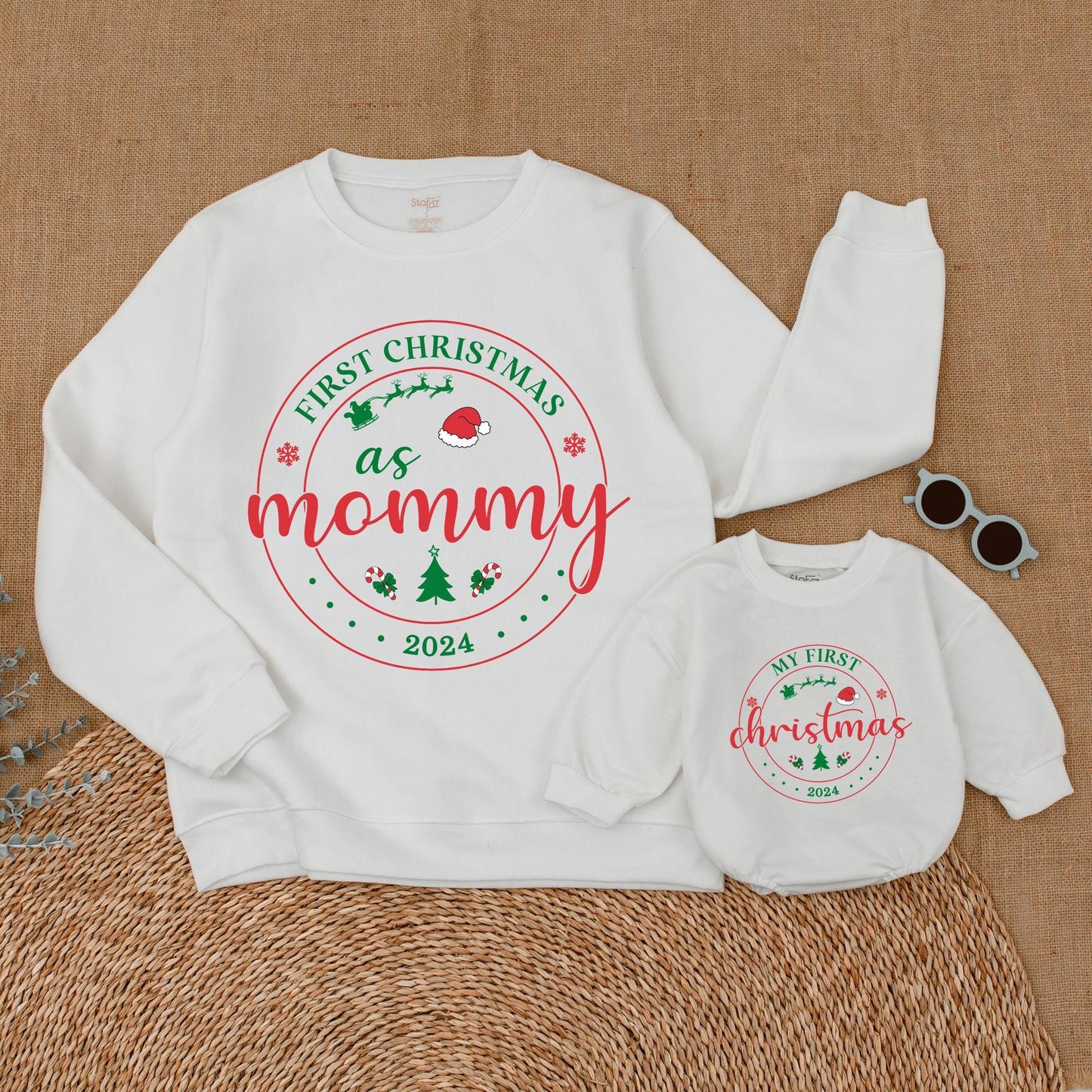 Personalized First Christmas Family Matching Sweatshirt 2024 for Mom Dad Baby & Big Brother Sister Whimsical Sweaters