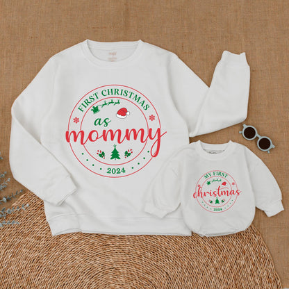 Personalized First Christmas Family Matching Sweatshirt 2024 for Mom Dad Baby & Big Brother Sister Whimsical Sweaters