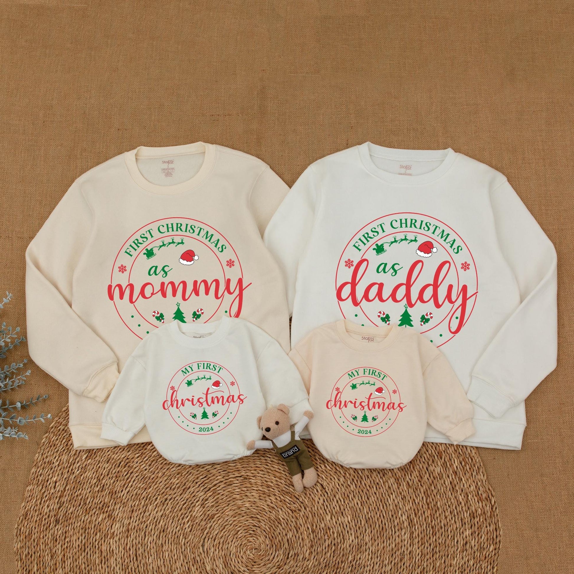 Personalized First Christmas Family Matching Sweatshirt 2024 for Mom Dad Baby & Big Brother Sister Whimsical Sweaters