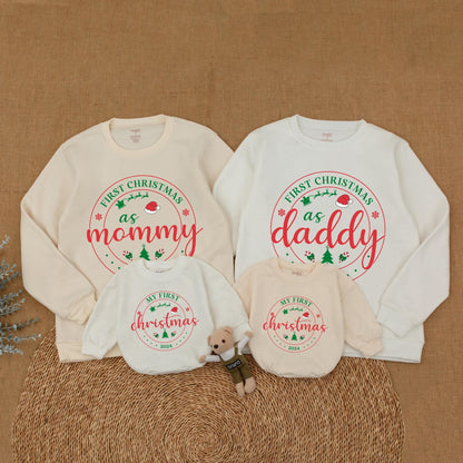Personalized First Christmas Family Matching Sweatshirt 2024 for Mom Dad Baby & Big Brother Sister Whimsical Sweaters