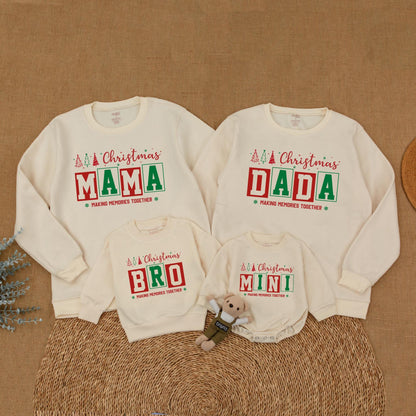Personalized Family Matching Christmas Sweatshirts with Festive Trees, Stars, Red Green Boxed Names Making Memories Together and First Christmas Romper