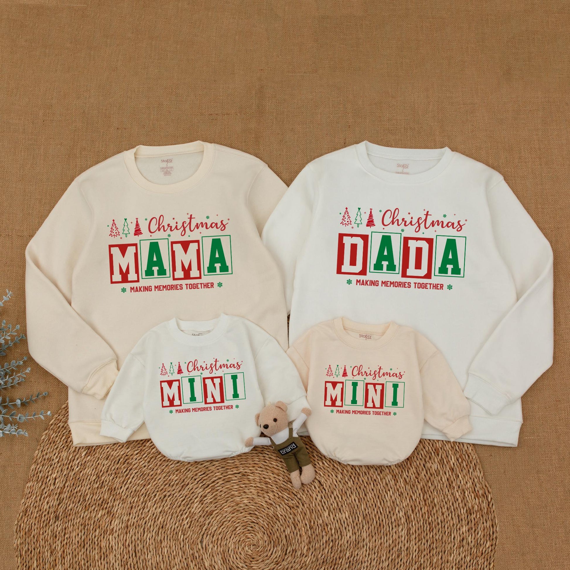 Personalized Family Matching Christmas Sweatshirts with Festive Trees, Stars, Red Green Boxed Names Making Memories Together and First Christmas Romper