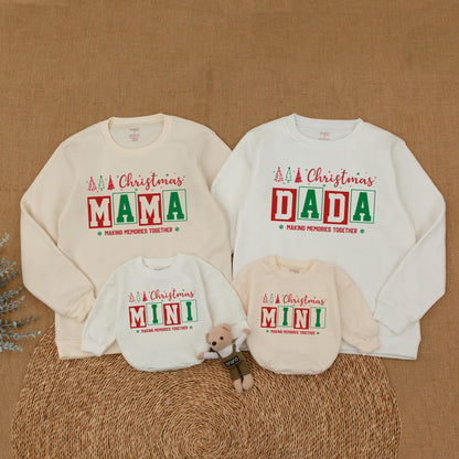 Personalized Family Matching Christmas Sweatshirts with Festive Trees, Stars, Red Green Boxed Names Making Memories Together and First Christmas Romper