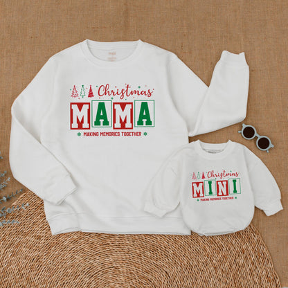 Personalized Family Matching Christmas Sweatshirts with Festive Trees, Stars, Red Green Boxed Names Making Memories Together and First Christmas Romper