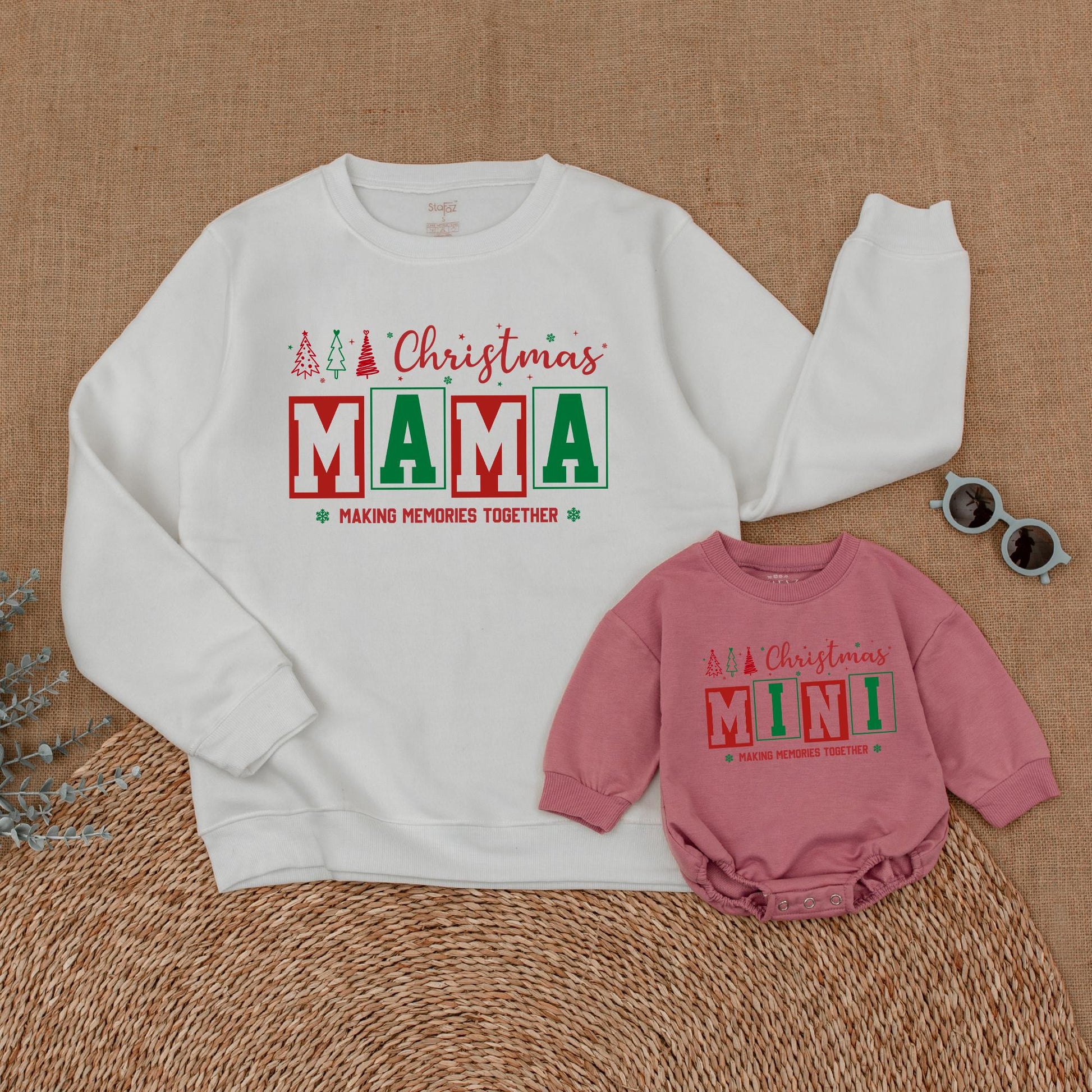 Personalized Family Matching Christmas Sweatshirts with Festive Trees, Stars, Red Green Boxed Names Making Memories Together and First Christmas Romper