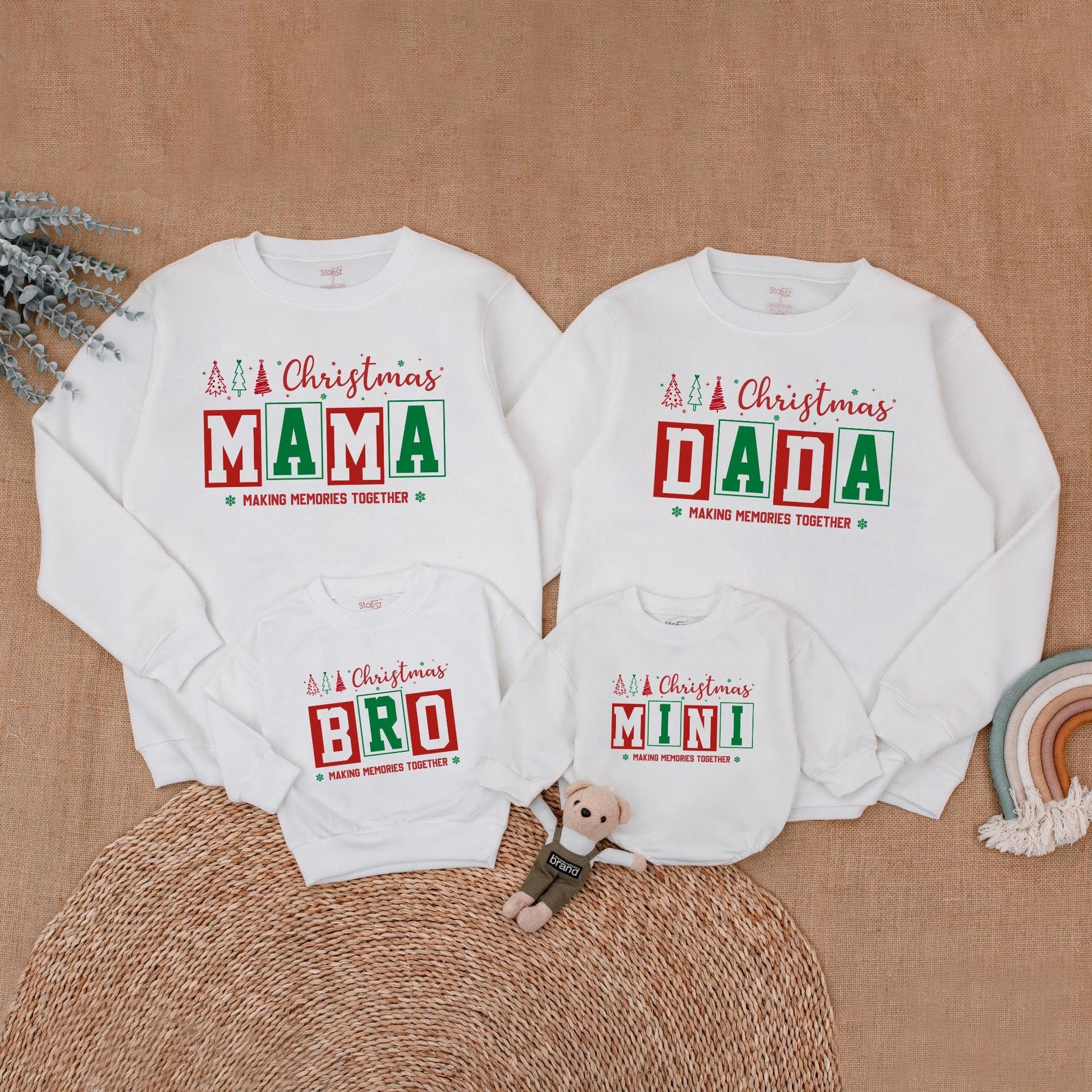 Personalized Family Matching Christmas Sweatshirts with Festive Trees, Stars, Red Green Boxed Names Making Memories Together and First Christmas Romper