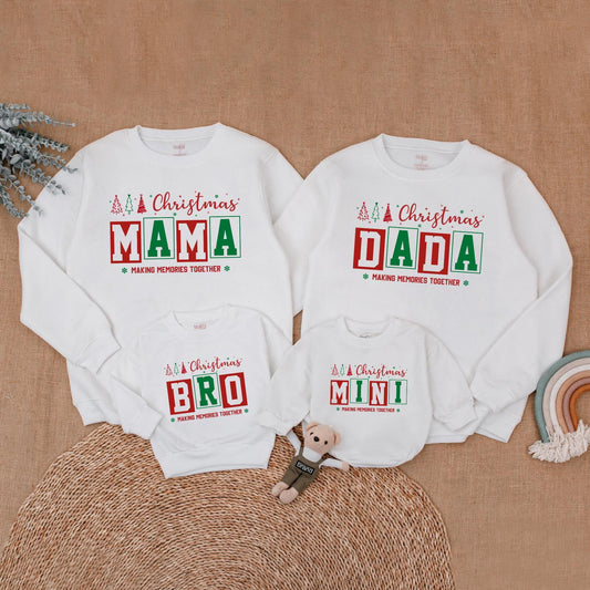 Personalized Family Matching Christmas Sweatshirts with Festive Trees, Stars, Red Green Boxed Names Making Memories Together and First Christmas Romper