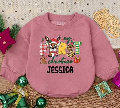 Personalized My First Christmas Baby Girl Romper Sweatshirt featuring Reindeer Gingerbread Man Festive Plaid Leopard Argyle Print Holiday Outfit